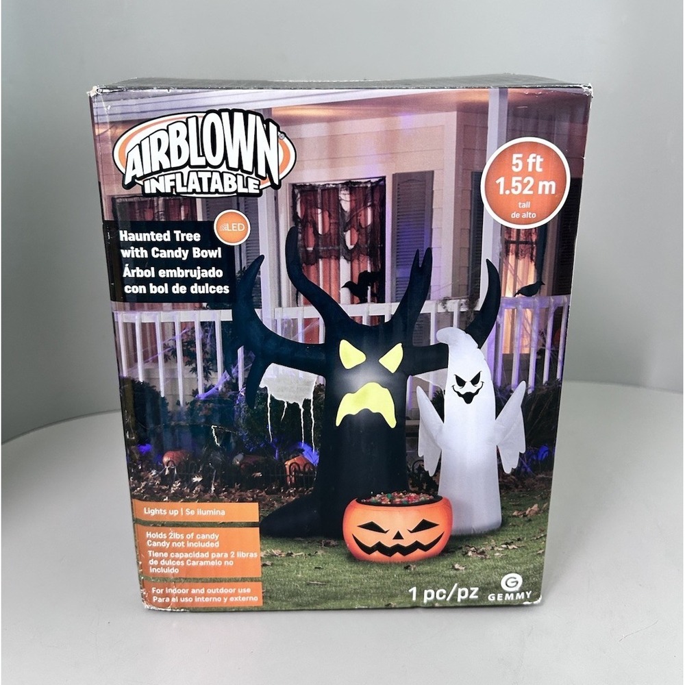 Gemmy 5 ft Halloween Airblown Haunted Tree Ghost Candy Bowl LED Inflatable EUC!